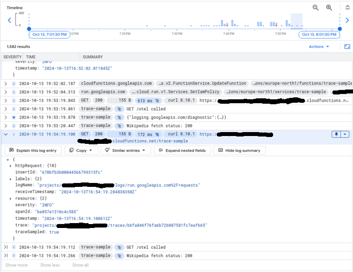 Kuvakaappaus Cloud Logging -käyttöliittymästä. Kuvassa näkyy useita pilvifunktion tuottamia logiviestejä allekkain. Yksi viesteistä on avattu tarkempaan tarkasteluun. Viestistä näkyy metadaa ja linkit muihin samaan operaatioon liittyviin logiviesteihin.